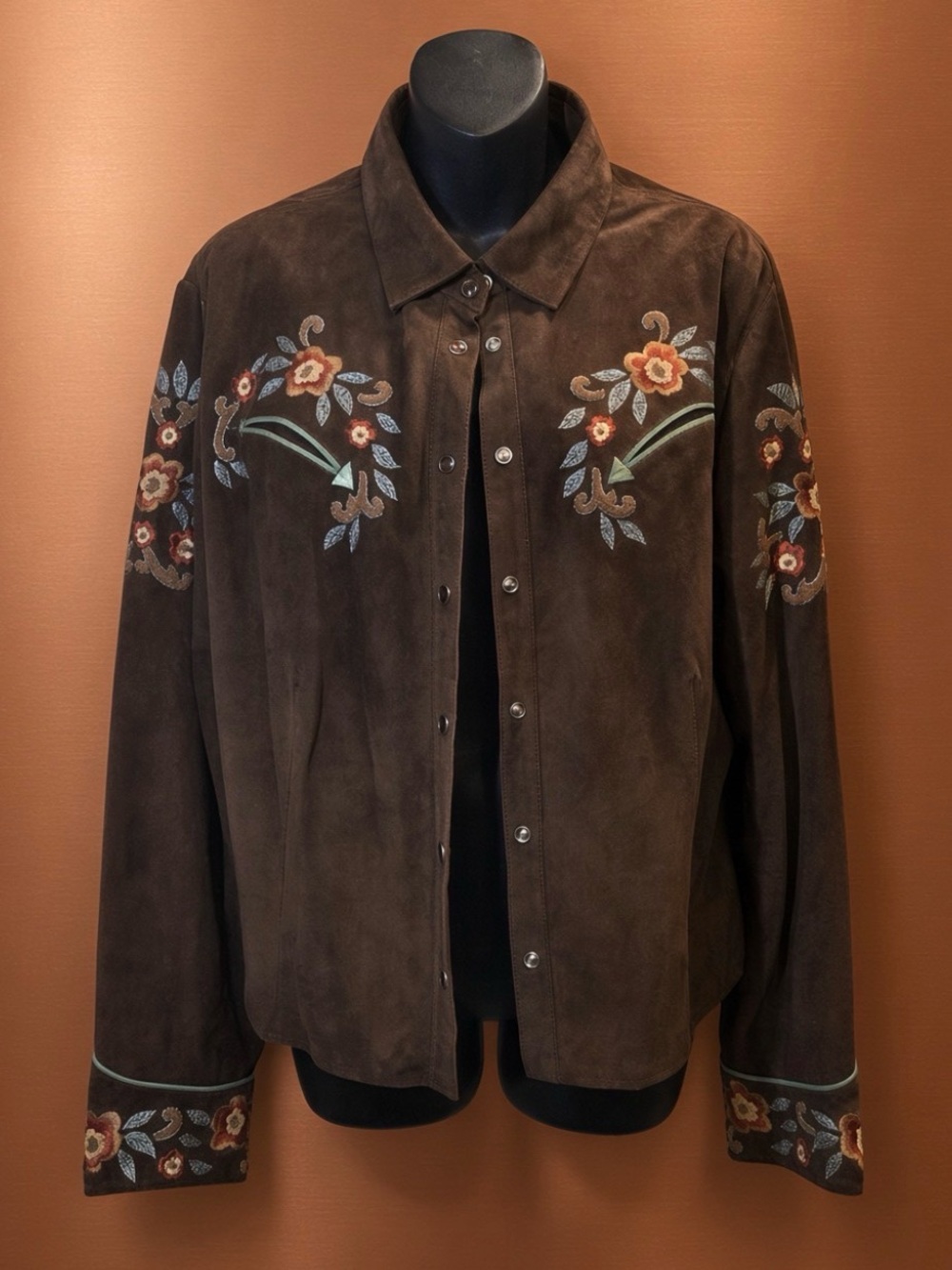 Double D Ranch floral embroidered suede jacket shacket pearl snaps light weight